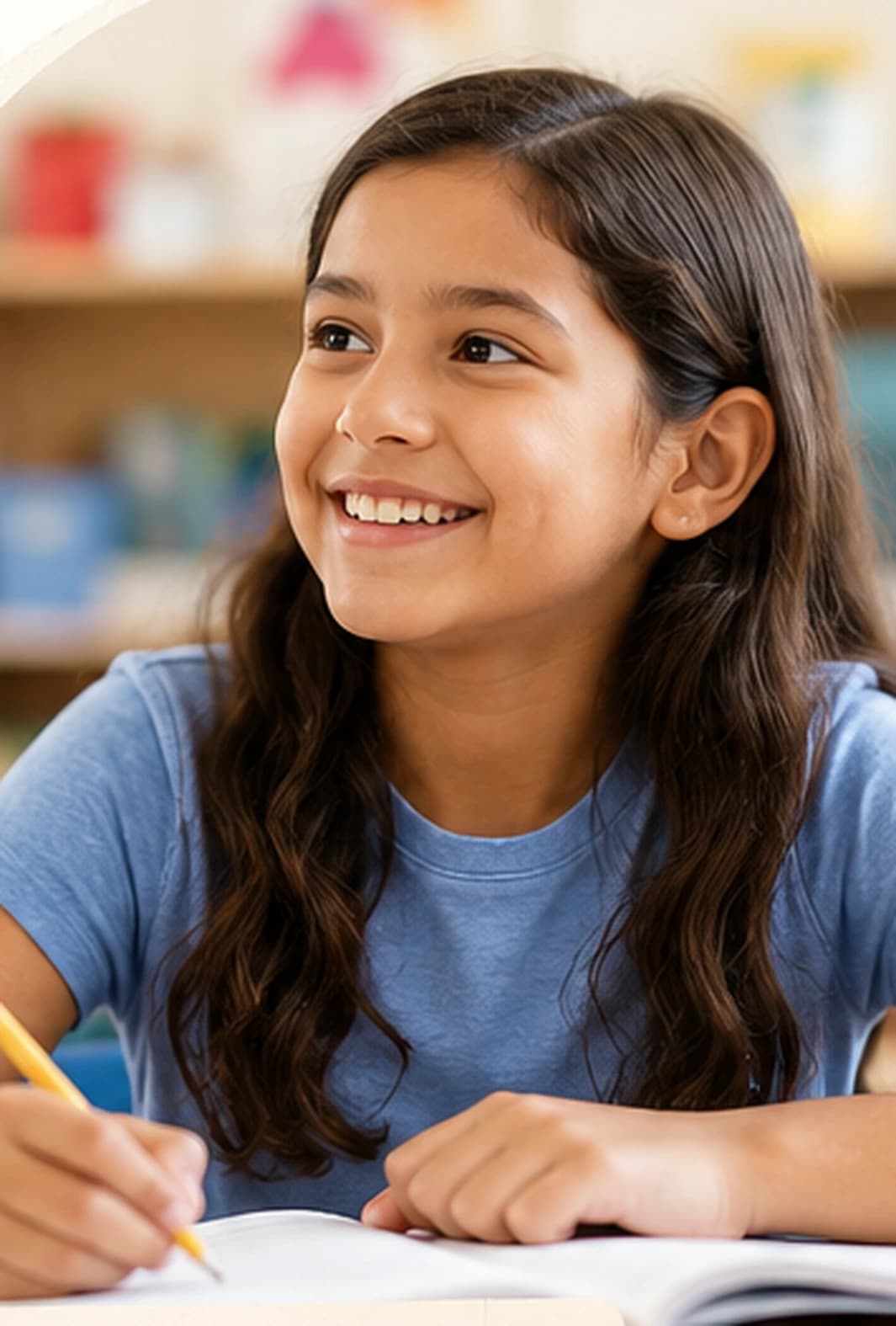 Student smiling while writing in a classroom